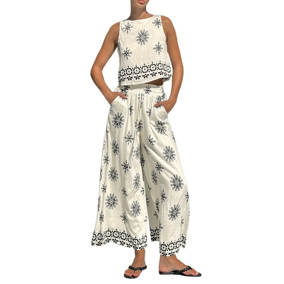 Womens Boho Floral Y2k Summer 2 Piece Outfits Tank Tops and Wide Leg Pants Set White XL