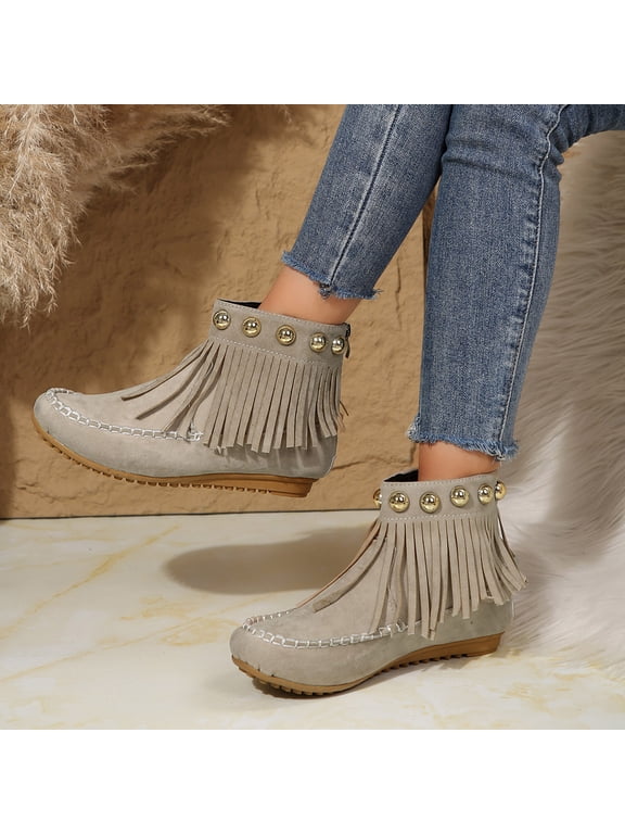 Womens Boho Fringe Rivet Ankle Boots Soft Suede Pull On Flat Heel Western Cowboy Booties for Festival Vacation Fall Winter Wear Beige 43