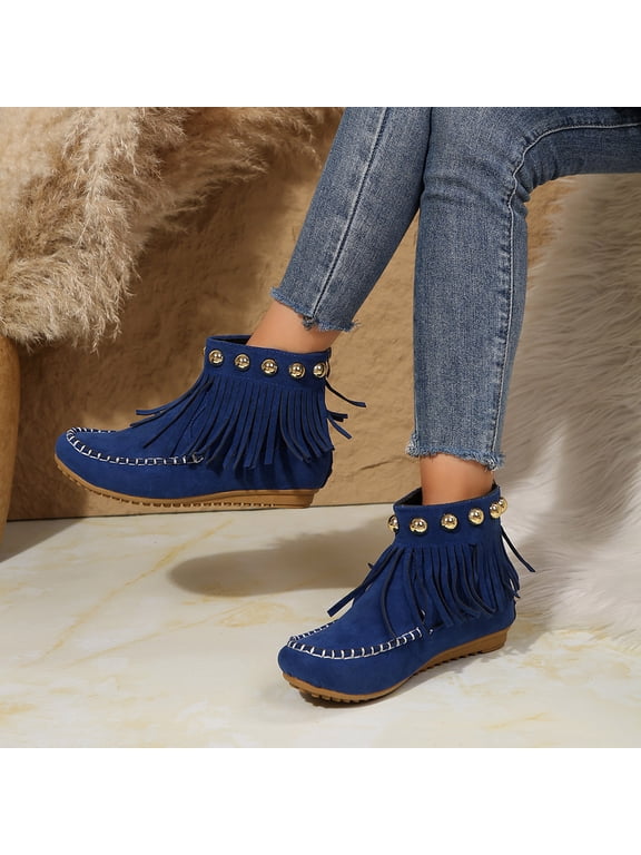 Womens Boho Fringe Rivet Ankle Boots Soft Suede Pull On Flat Heel Western Cowboy Booties for Festival Vacation Fall Winter Wear Blue 42