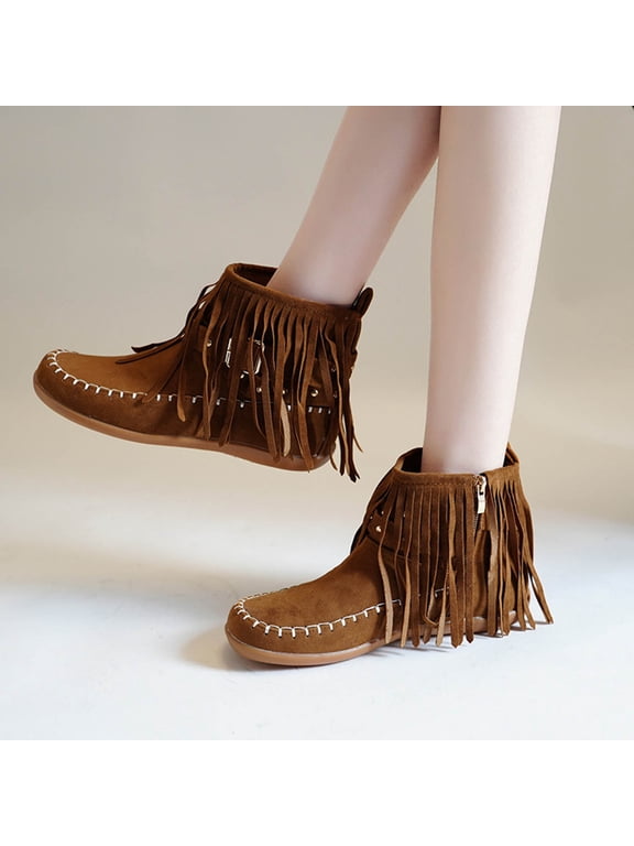 Womens Boho Fringe Rivet Moccasin Ankle Boots Flat Heel Soft Suede Cowboy Booties for Vacation Street Festival Daily Wear Khaki 39