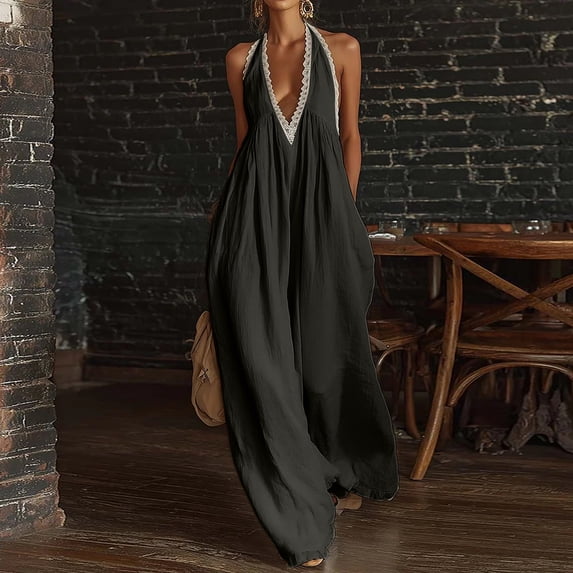 Womens Boho Halter Jumpsuit Lace Trim Deep V Neck Sleeveless Backless Summer Flowy Beach Casual Wide Leg Long Jumpsuit L