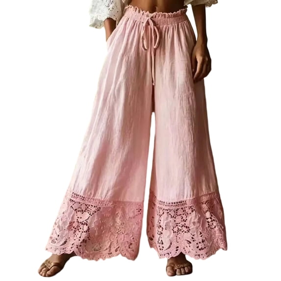 Womens Boho Lace Hem Wide Leg Pants, Drawstring Waist Loose Fit Casual Summer Beach Trousers Vacation Pink XL