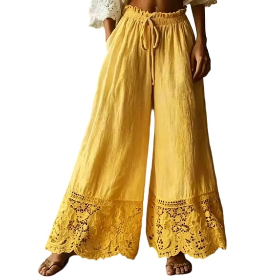 Womens Boho Lace Hem Wide Leg Pants, Drawstring Waist Loose Fit Casual Summer Beach Trousers Vacation Yellow S