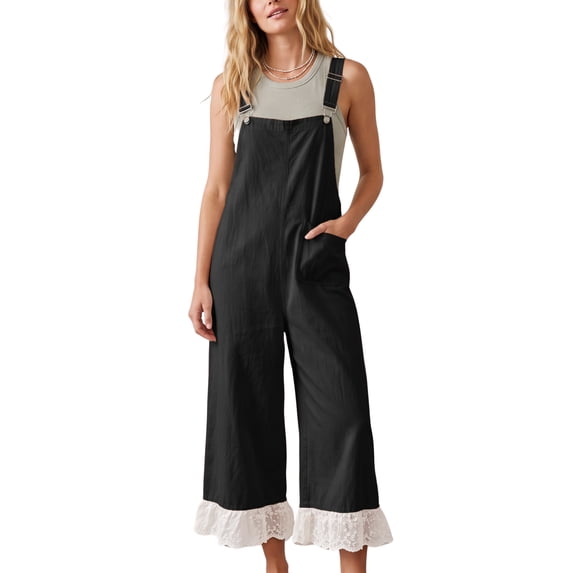 Womens Boho Lace Patchwork Bib Overalls Casual Adjustable Straps Wide Leg Jumpsuits with Pockets