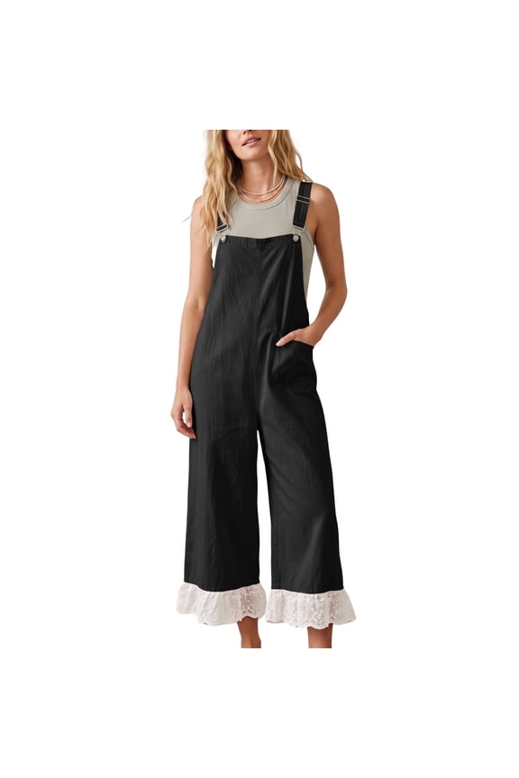 Womens Boho Lace Patchwork Bib Overalls Casual Adjustable Straps Wide Leg Jumpsuits with Pockets
