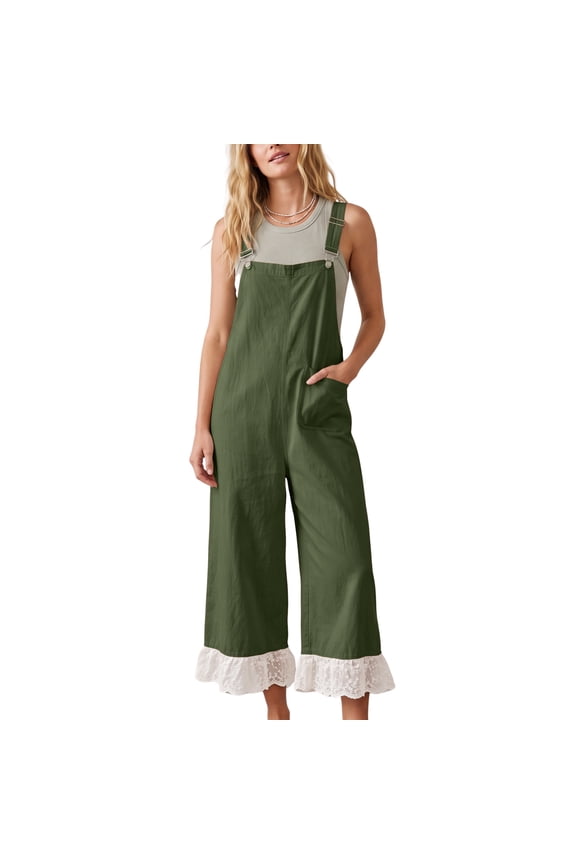 Womens Boho Lace Patchwork Bib Overalls Casual Adjustable Straps Wide Leg Jumpsuits with Pockets
