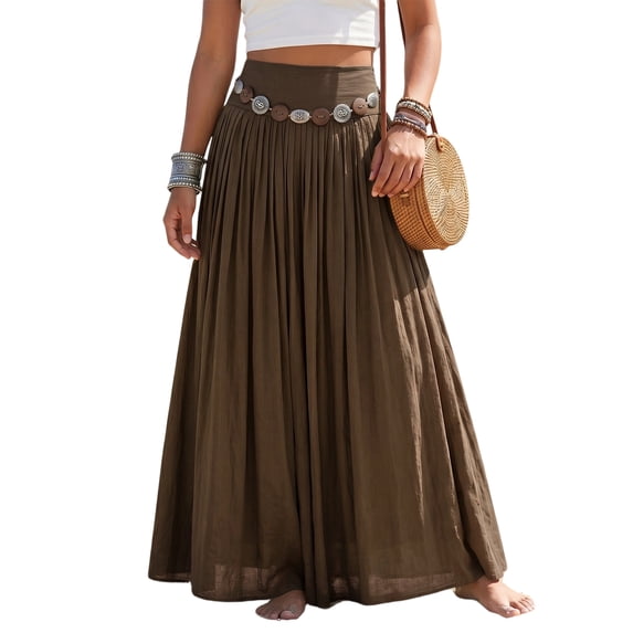 Womens Boho Linen Maxi Skirt Elastic High Waist Pleated A-Line Flowy Breathable Long Skirt for Summer Beach, Resort, Vacation and Party