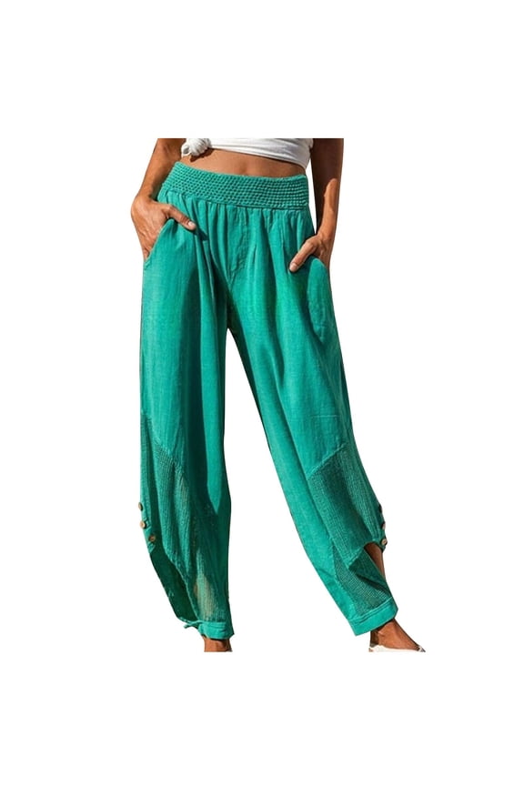 Womens Boho Linen Pants High Waist Cutout Cotton Harem Palazzo Cropped Trousers Comfy Joggers W Pockets