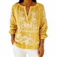 thumbnail image 1 of Womens Boho Linen Tops 3/4 Sleeve Shirt V Neck Floral Printed Beach Travel Outfits for Women Spring Summer (L, Yellow), 1 of 5