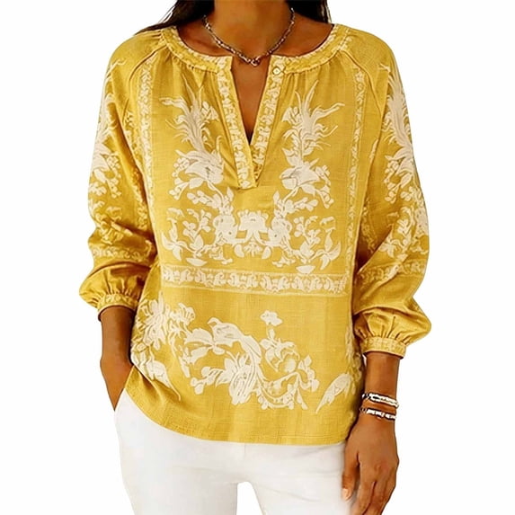 Womens Boho Linen Tops 3/4 Sleeve Shirt V Neck Floral Printed Beach Travel Outfits for Women Spring Summer (L, Yellow)