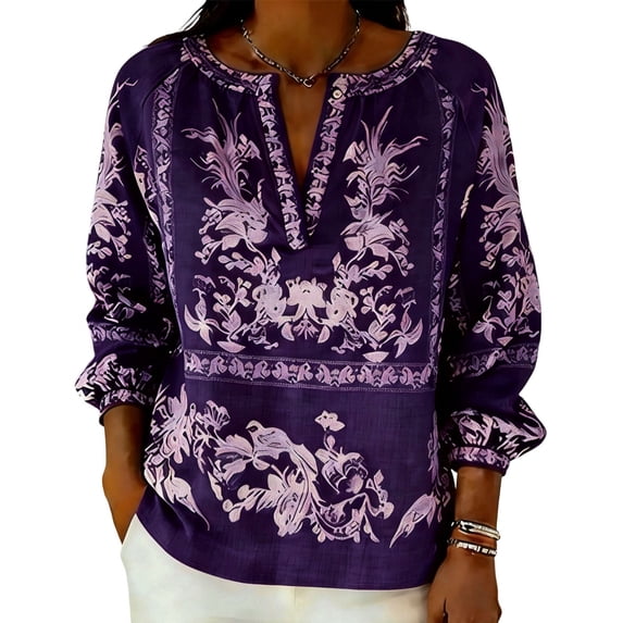 Womens Boho Linen Tops 3/4 Sleeve Shirt V Neck Floral Printed Beach Travel Outfits for Women Spring Summer (XL, Purple)