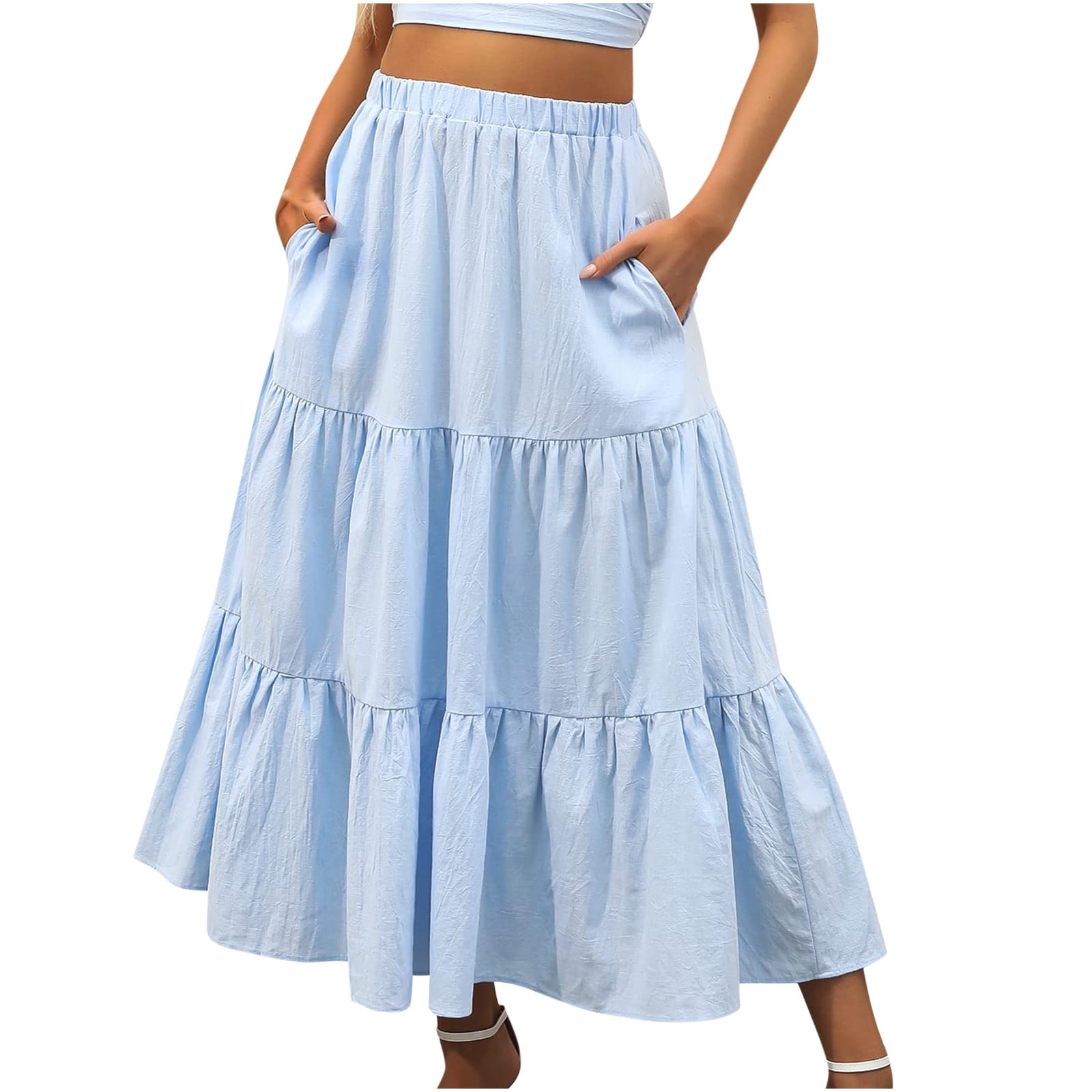 Womens Boho Long Skirts Elastic Waist Ruffle Tiered Skirt Pleated A ...