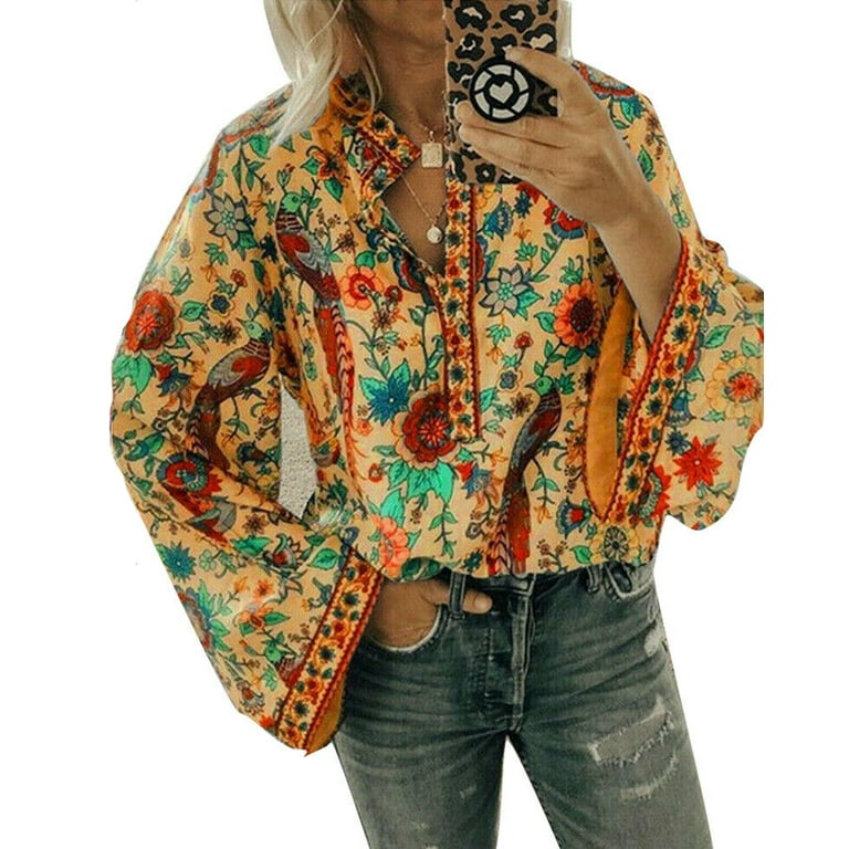 Womens Boho Long Sleeve Casual Loose Tops Ladies Hippie Gypsy Tunic Blouse  Shirt