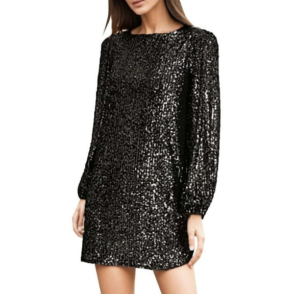 Womens Boho Maxi Dresses With Sleeves For Fall Sequin Dress Long Sleeve Crewneck Sparkly Glitter Mini Dress Elegant Wedding Party Dress Black M