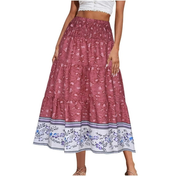 Womens Boho Maxi Skirt, 2025 Summer Floral Print Flowy Long Skirts Trendy Smocked High Waisted Tiered Pleated Skirts Cargo Skirt Wine S