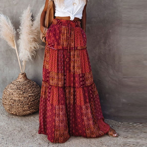 Womens Boho Maxi Skirt 2026 Summer Cruise Casual High Waist Tie Flowy Long Skirt with Pockets For Beach Vacation