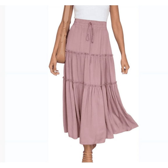 Womens Boho Maxi Skirt Elastic High Waist A-Line Pleated Ruffle Flowy Long Skirts