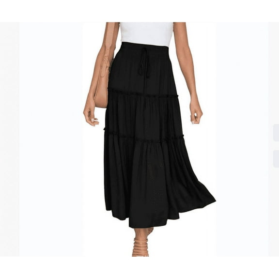 Womens Boho Maxi Skirt Elastic High Waist A-Line Pleated Ruffle Flowy Long Skirts