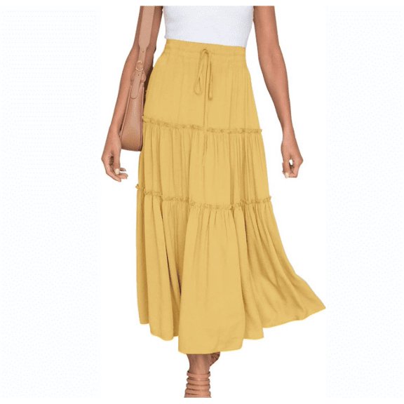 Womens Boho Maxi Skirt Elastic High Waist A-Line Pleated Ruffle Flowy Long Skirts