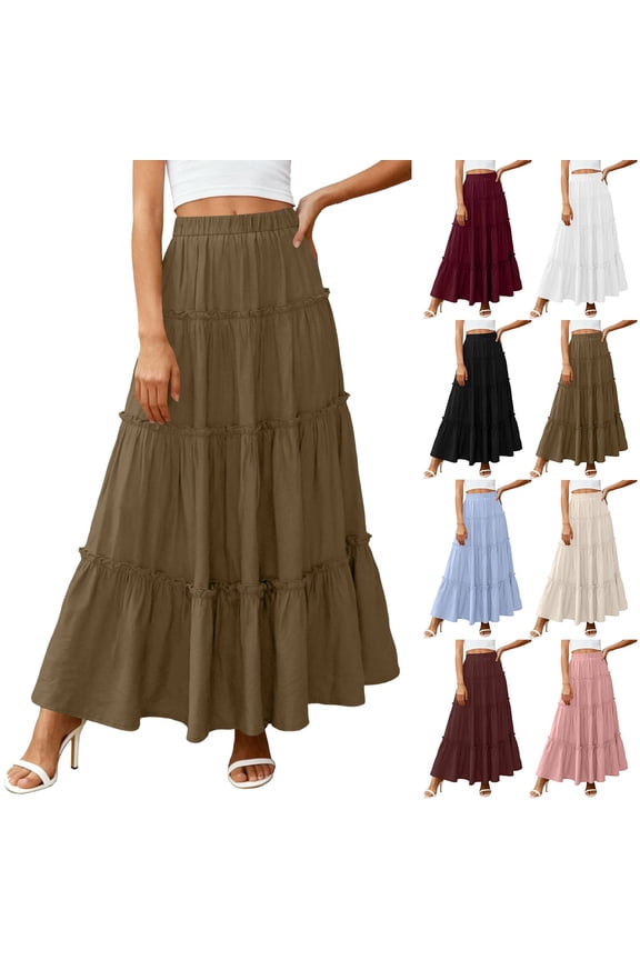 Womens Boho Maxi Skirt Flowy Ruffle Tiered Elastic High Waisted A Line 2026 Spring Summer Beach Vacation Long Skirts Light Brown S