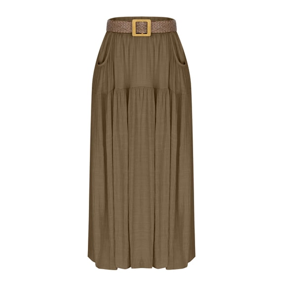 Womens Boho Maxi Skirt Summer Casual High Waist A-Line Flowy Long Skirt with Pockets Belt for Beach Vacation Coffee S