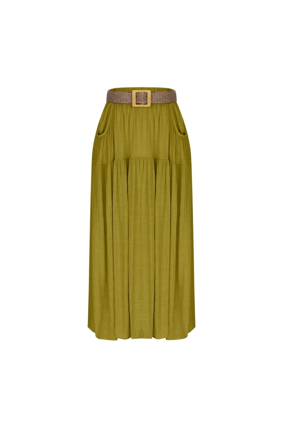 Womens Boho Maxi Skirt Summer Casual High Waist A-Line Flowy Long Skirt with Pockets Belt for Beach Vacation Green S