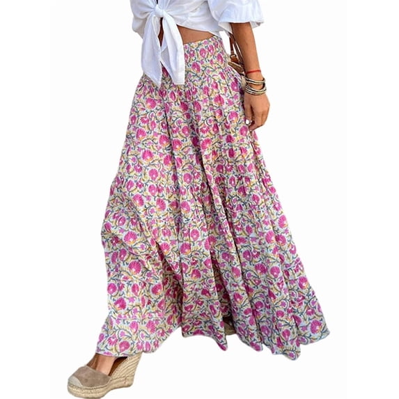 Womens Boho Maxi Skirt Summer Cruise Casual High Waist Flowy Long Skirt for Beach Vacation Pink L