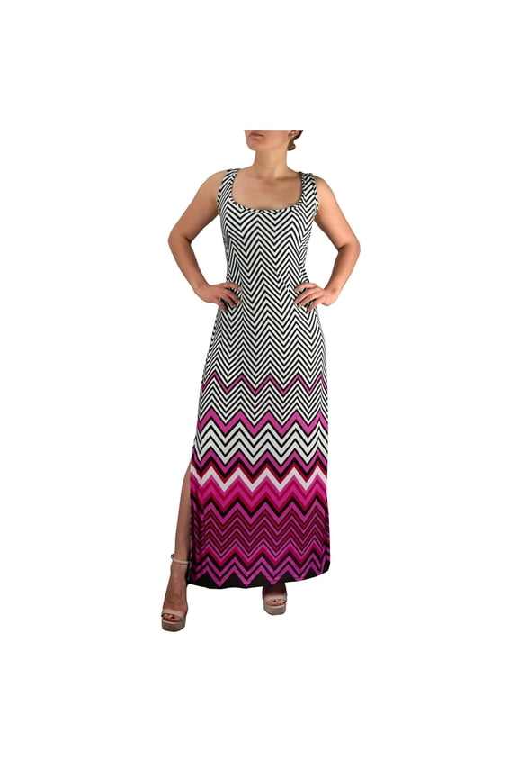 Womens Boho Maxi Striped Chevron Print Scoop Neck Tank Dress (Pink, Large)