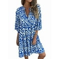 thumbnail image 1 of Womens Boho Midi Dress Summer V Neck Floral Print 3/4 Sleeve Casual Flowy Loose Fit Pleated Beach Sundress Blue S, 1 of 6