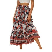 RBCULF Womens Boho Midi Skirt Clearance Summer Elegant Vintage Skirts Floral Print Skirts Comfy Elastic Waist Long Skirts Drawstring Beach Skirt