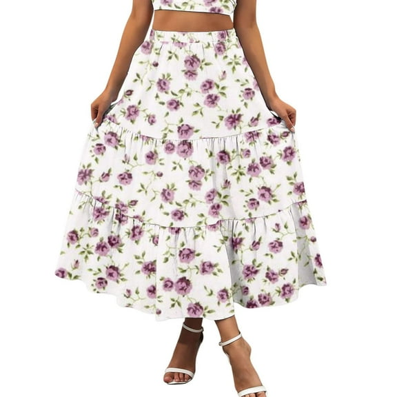 Womens Boho Midi Skirts Casual Swing Flowy Floral Skirts Tiered Layer Ruffle A-Line Skirts