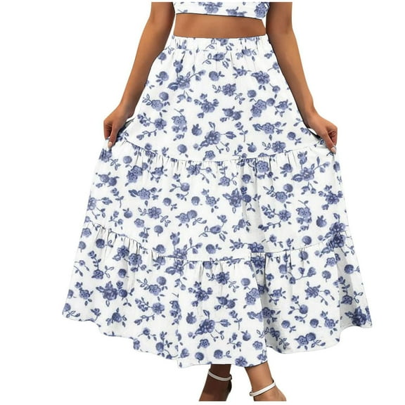Womens Boho Midi Skirts Casual Swing Flowy Floral Skirts Tiered Layer Ruffle A-Line Skirts