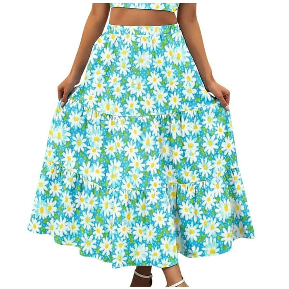 Womens Boho Midi Skirts Casual Swing Flowy Floral Skirts Tiered Layer Ruffle A-Line Skirts