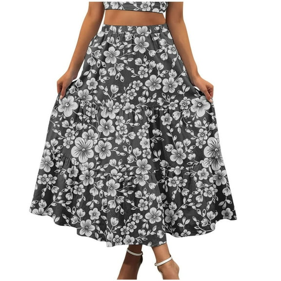 Womens Boho Midi Skirts Casual Swing Flowy Floral Skirts Tiered Layer Ruffle A-Line Skirts