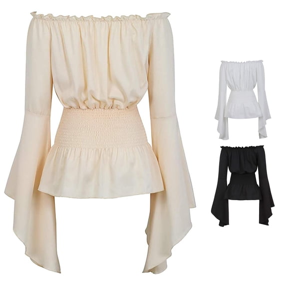 Womens Boho Off Shoulder Blouse - Long Sleeve Ruffled Peasant Top with Elastic Neckline for Casual Wear
