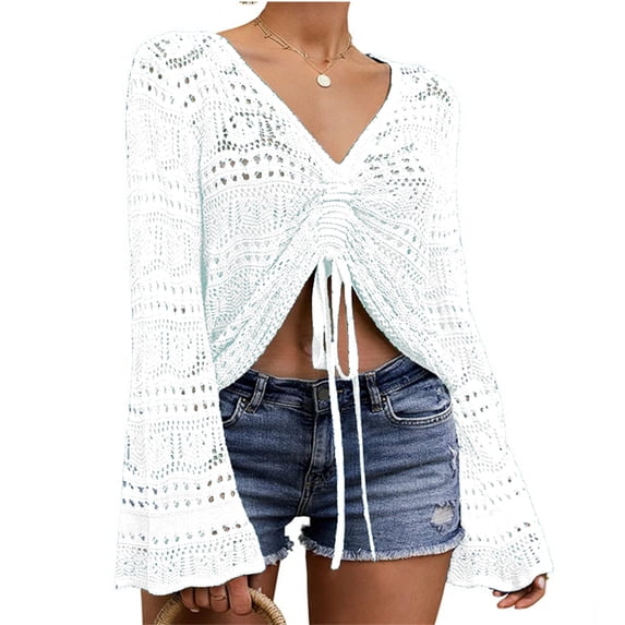 Womens Boho Off Shoulder Sheer Crochet Crop Top with Bell Sleeves Flowy Oversized Ruched Pullover Sweater