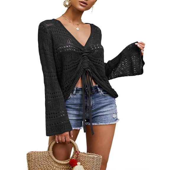 Womens Boho Off Shoulder Sheer Crochet Crop Top with Bell Sleeves Flowy Oversized Ruched Pullover Sweater