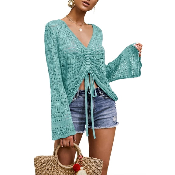 Womens Boho Off Shoulder Sheer Crochet Crop Top with Bell Sleeves Flowy Oversized Ruched Pullover Sweater