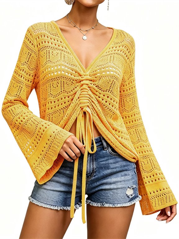 Womens Boho Sheer Crochet Crop Top with Bell Sleeves Flowy Oversized Ruched Pullover Sweater