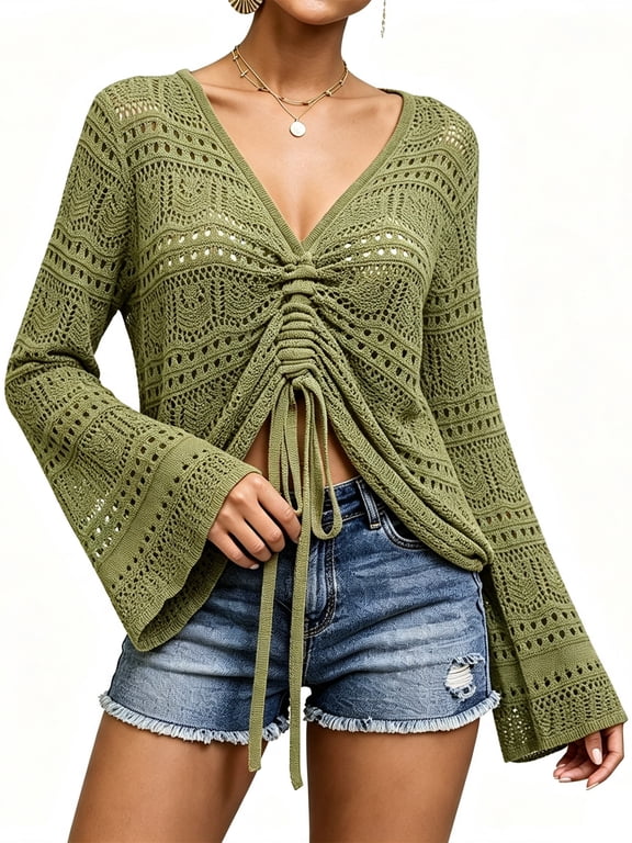 Womens Boho Sheer Crochet Crop Top with Bell Sleeves Flowy Oversized Ruched Pullover Sweater