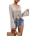 thumbnail image 1 of Womens Boho Off Shoulder Sheer Crochet Crop Top with Bell Sleeves Flowy Oversized Ruched Pullover Sweater, 1 of 5