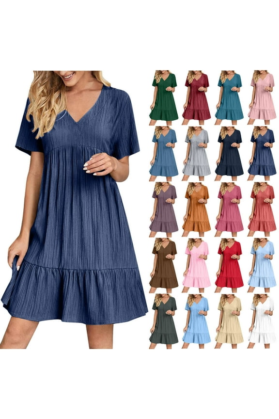 Summer Dresses for Women 2025 Vacation Short Sleeve v Neck Mini T Shirt Dress Pleated Ruffle Flowy Beach Sundresses Blue S