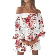 FARTEY Womens Boho Off Shoulder Sundress Tunic 3/4 Bell Sleeve Floral Mini Dress Casual Backless Strapless Vacation Dresses