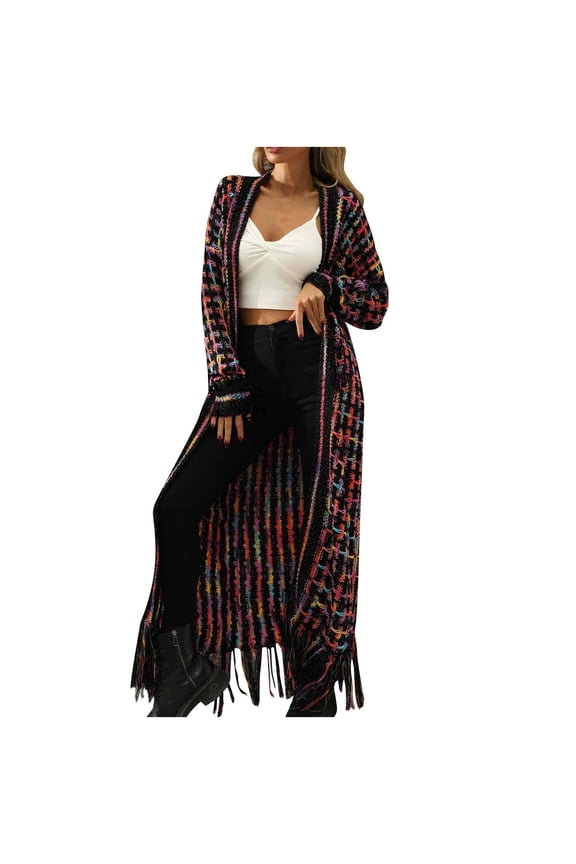 Womens Boho Open Front Long Cardigans Sweater Aztec Tribal Stripe Fringe Cardigan Kimono Duster Outwear