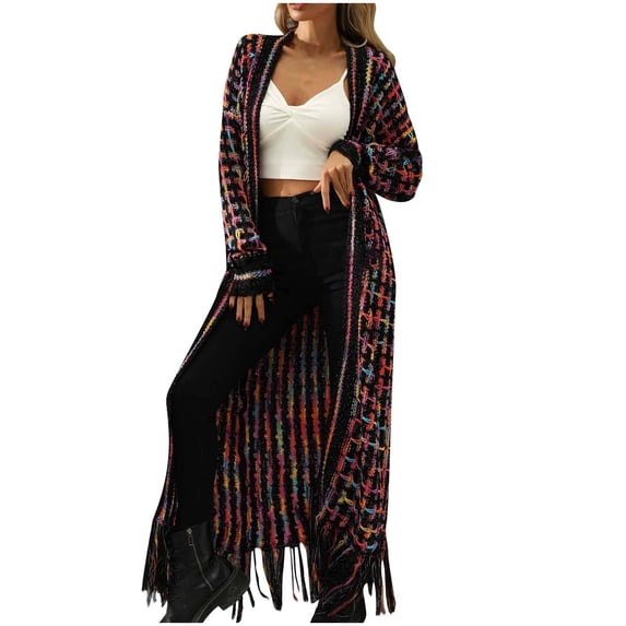 Womens Boho Open Front Long Cardigans Sweater Aztec Tribal Stripe Fringe Cardigan Kimono Duster Outwear