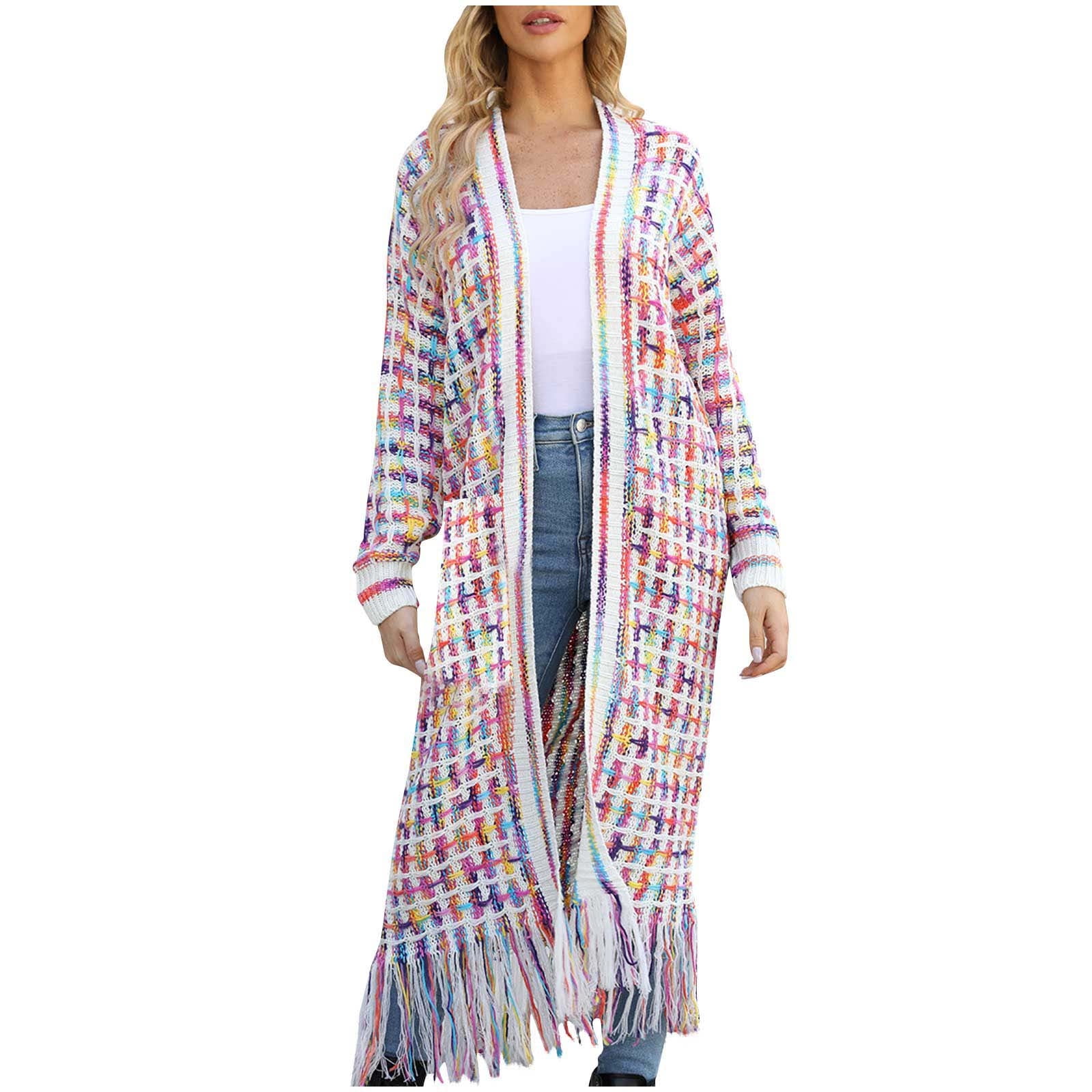 Boho Fringe Trim Open Front Hooded Geometric Jacquard Knit Cardigan