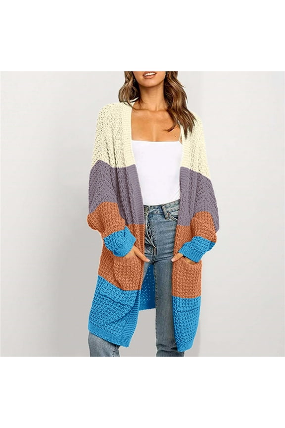 Womens Boho Patchwork Cardigan Long Sleeve Open Front Knit Sweaters Coat Pockets Winter Coats for Women plus Drape Cardigans Lime Long Coat Women Think Cardigan Womens Long Sweaters for Winter Long