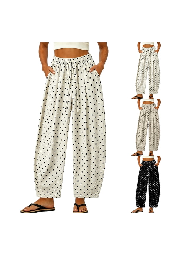 Womens Boho Polka Dot Cotton Linen Barrel Pants Wide Leg Palazzo Cropped Trousers Casual Elastic Waist with Pockets, M