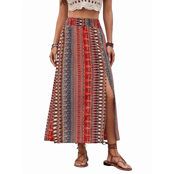 Womens Boho Print Skirt Vintage Floral Print Ruffle Swing Skirt Shirred Elastic High Waist Flared Long Skirt Deep Red L