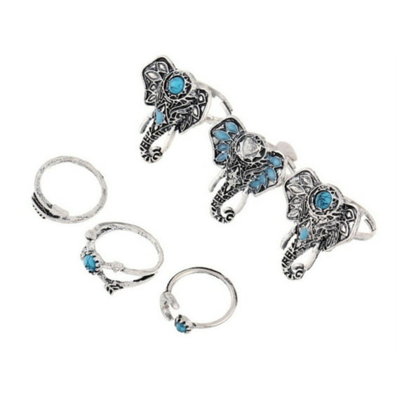 Womens Boho Rings, Vintage Designs, Elephant Styles, 6 Pieces, Turquoise & Silver